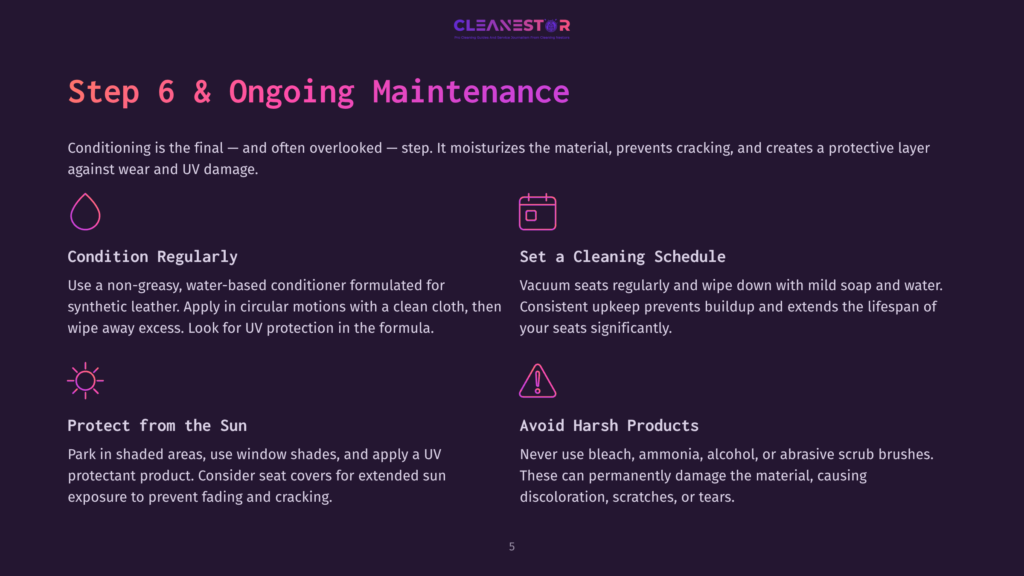 Cleanestor Logo With Text &Quot;Step 6 &Amp; Ongoing Maintenance&Quot; And Icons For Conditioning, Cleaning Schedule, Sun Protection, And Avoiding Harsh Products.