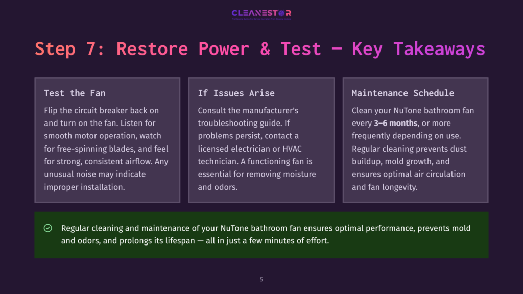 Infographic Titled &Quot;Step 7: Restore Power &Amp; Test - Key Takeaways&Quot; With Three Columns Detailing Fan Testing, Troubleshooting, And Maintenance Schedules. The Bottom Has A Green Banner With A Checklist Icon And Text About Regular Cleaning And Maintenance.