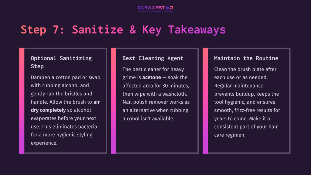 Infographic With Three Sections: Optional Sanitizing Step, Best Cleaning Agent, And Maintain The Routine. The First Section Suggests Using A Cotton Pad With Rubbing Alcohol To Sanitize Hair Brushes. The Second Section Recommends Acetone As The Best Cleaning Agent For Heavy Grime, With Nail Polish Remover As An Alternative. The Third Section Emphasizes The Importance Of Regular Maintenance To Prevent Buildup And Ensure Smooth, Frizz-Free Results.