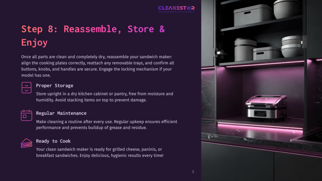 Step 8: Reassemble, Store &Amp; Enjoy. Instructions For Cleaning And Storing A Cleanestor Sandwich Maker, With Icons Illustrating Proper Storage And Regular Maintenance.