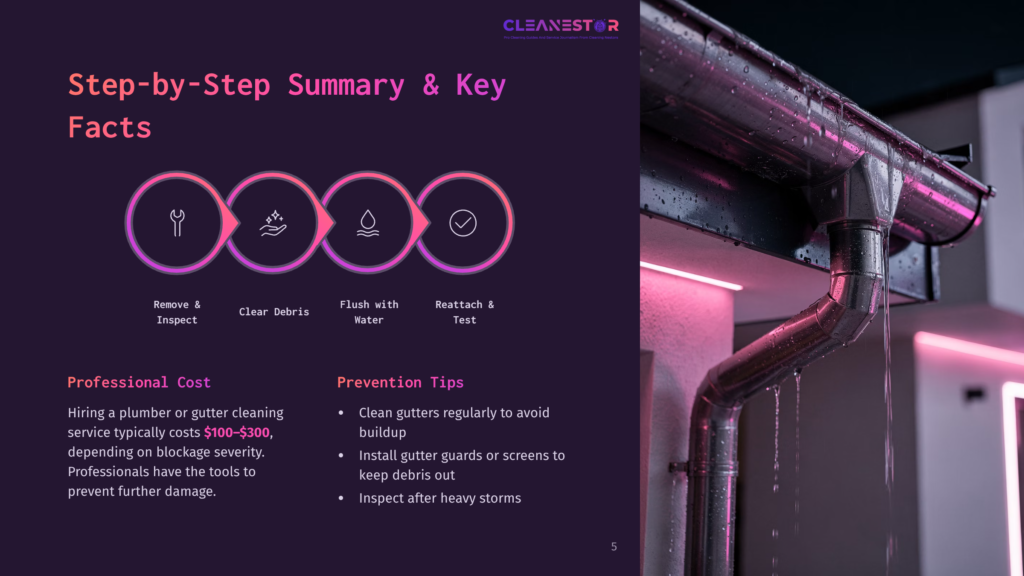 5 Step By Step Summary And Key Facts Diagram Illustrating The 4-Step Gutter Cleaning Process: Remove &Amp; Inspect, Clear Debris, Flush With Water, And Reattach &Amp; Test. The Graphic Uses Colorful Icons And Text To Detail The Steps.