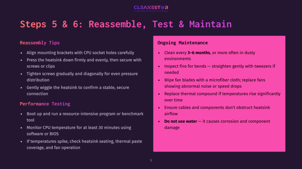 Cleanestor Presentation Slide Titled &Quot;Steps 5 &Amp; 6: Reassemble, Test &Amp; Maintain&Quot; With Sections On Reassembly Tips And Ongoing Maintenance.