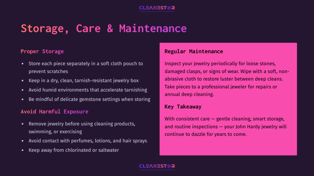 5 Storage Care And Maintenance Infographic Detailing Proper Storage And Regular Maintenance For Jewelry. Text Highlights Storing Jewelry In Soft Cloth Pouches, Avoiding Humid Environments, And Regular Inspections For Damage.