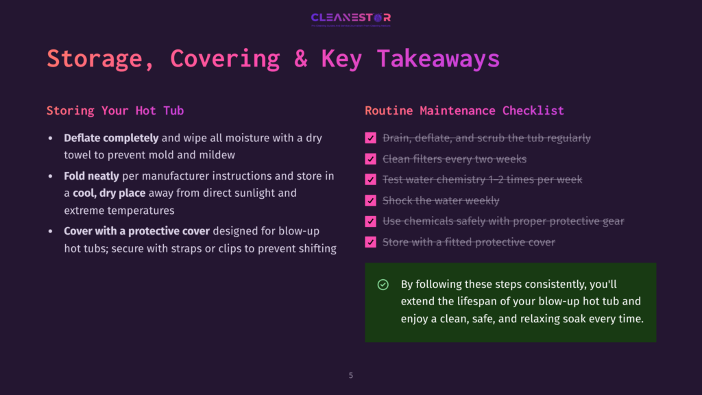 5 Storage Covering And Key Takeaways A Vibrant Infographic On A Purple Background Titled &Quot;Storage, Covering &Amp; Key Takeaways.&Quot; It Features A Checklist For Hot Tub Routine Maintenance, Including Braining, Deflating, Cleaning Filters, Testing Water Chemistry, And Using Protective Gear.