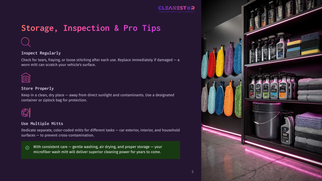 A Shelf Display Of Colorful Microfiber Wash Mitts Hangs In A Brightly Lit Auto Detailing Shop, With Car Cleaning Products And Towels Visible In The Background. Text Reads: &Quot;Cleanestar Storage, Inspection &Amp; Pro Tips.