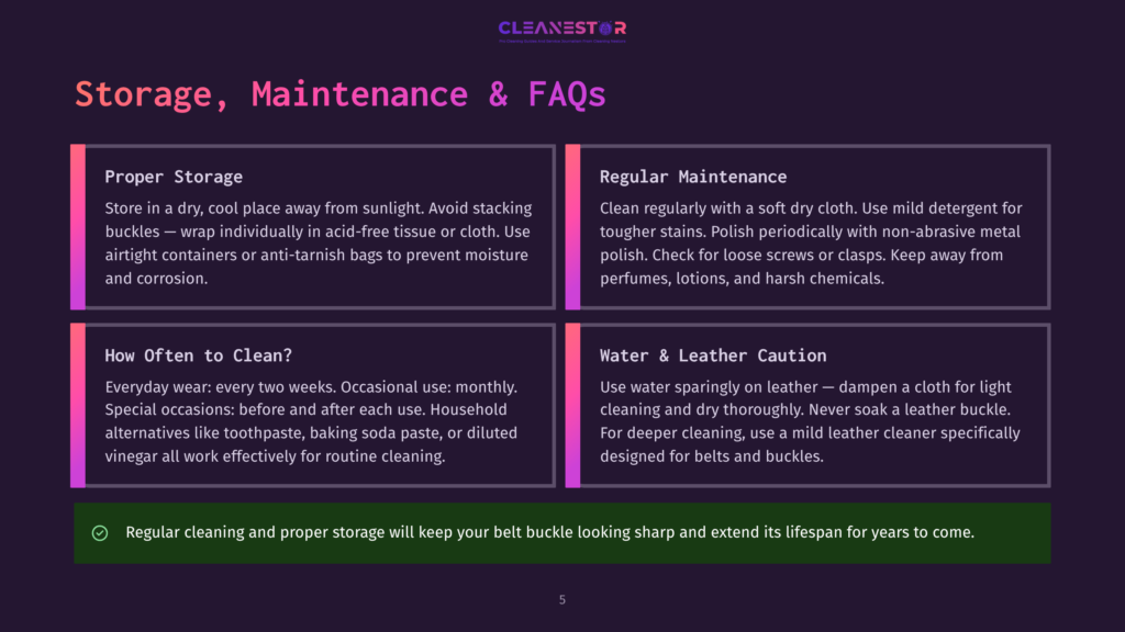 5 Storage Maintenance And Faqs Infographic With A Dark Purple Background And White Text Titled &Quot;Storage, Maintenance &Amp; Faqs.&Quot; Sections Cover &Quot;Proper Storage,&Quot; &Quot;Regular Maintenance,&Quot; &Quot;How Often To Clean?&Quot; And &Quot;Water &Amp; Leather Caution,&Quot; With A Final Tip About Cleaning And Storage.
