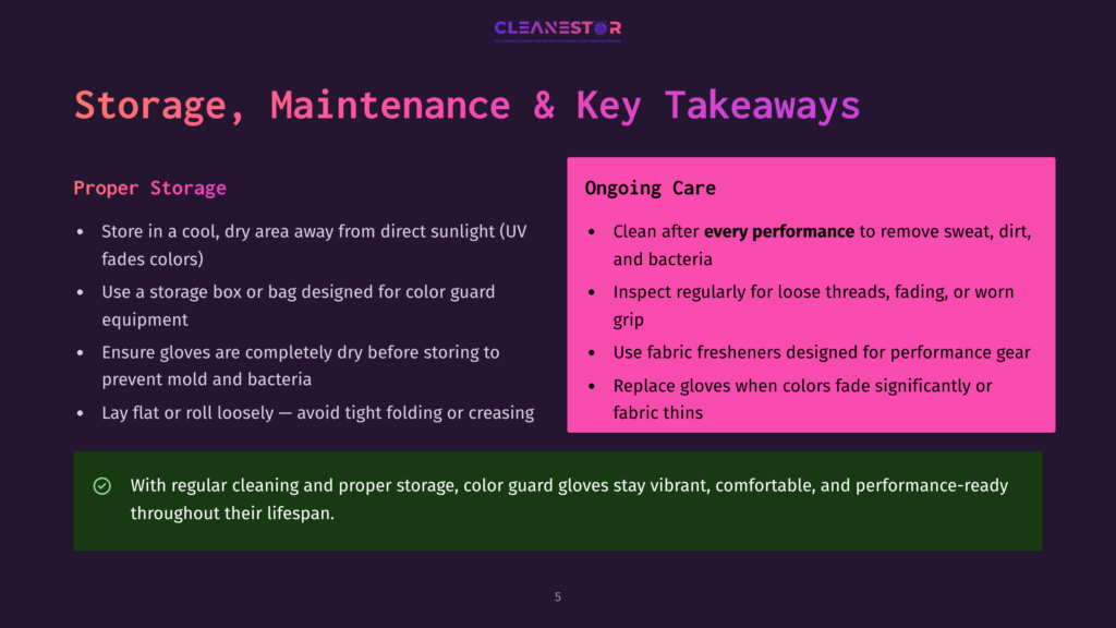 5 Storage Maintenance And Key Takeaways Infographic Titled &Quot;Storage, Maintenance &Amp; Key Takeaways&Quot; With Two Columns: &Quot;Proper Storage&Quot; And &Quot;Ongoing Care&Quot; Detailing Best Practices For Cleaning And Storing Gloves.