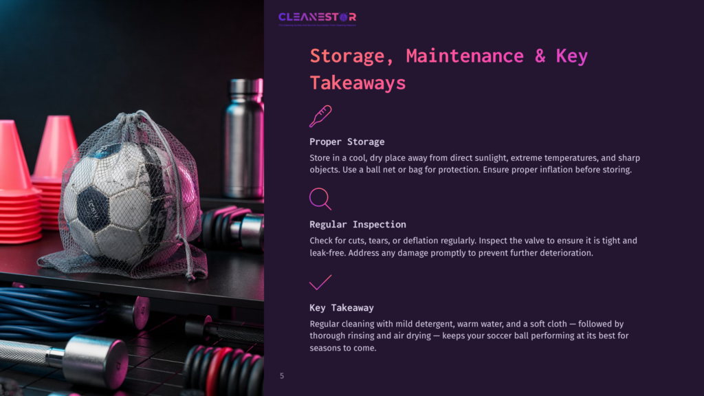 5 Storage Maintenance And Key Takeaways 2 A Soccer Ball In A Mesh Bag Sits On A Dark Surface Next To Gym Equipment And Safety Cones. The Image Is Part Of A Presentation Slide With Text About Storage, Maintenance, And Key Takeaways.