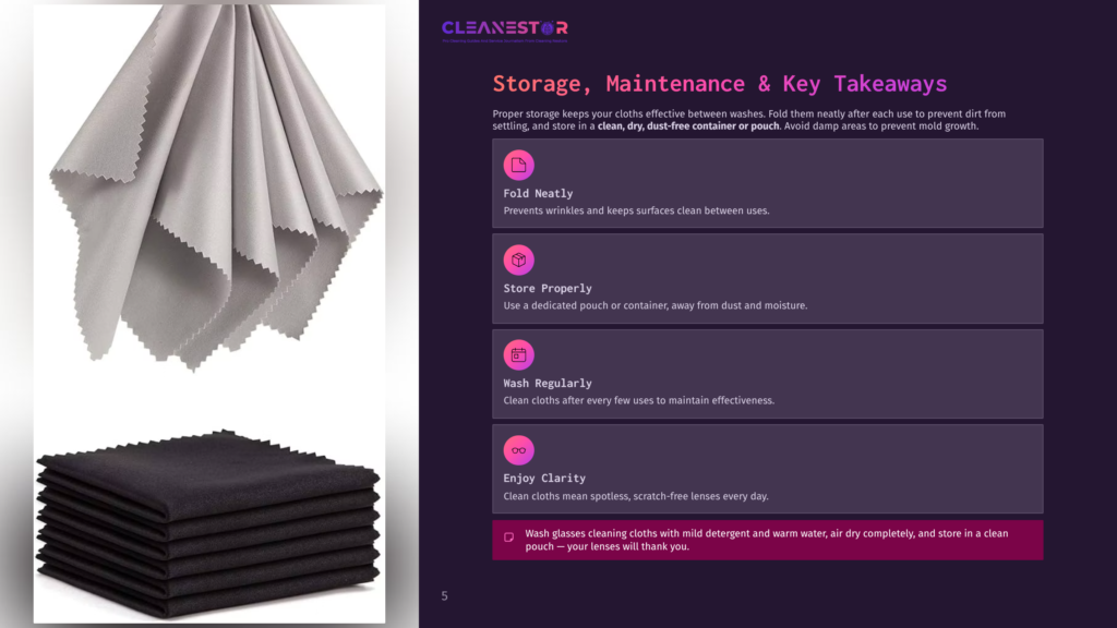5 Storage Maintenance And Key Takeaways 3 A Stack Of Folded Gray Microfiber Cleaning Cloths Rests On A Dark Surface, Next To A Larger, Draped Gray Microfiber Cloth. Text On The Right Side Of The Image, Titled &Quot;Cleanestor,&Quot; Provides Storage And Maintenance Tips For Cleaning Cloths, Including Folding Neatly, Storing Properly, Washing Regularly, And Enjoying Clarity.