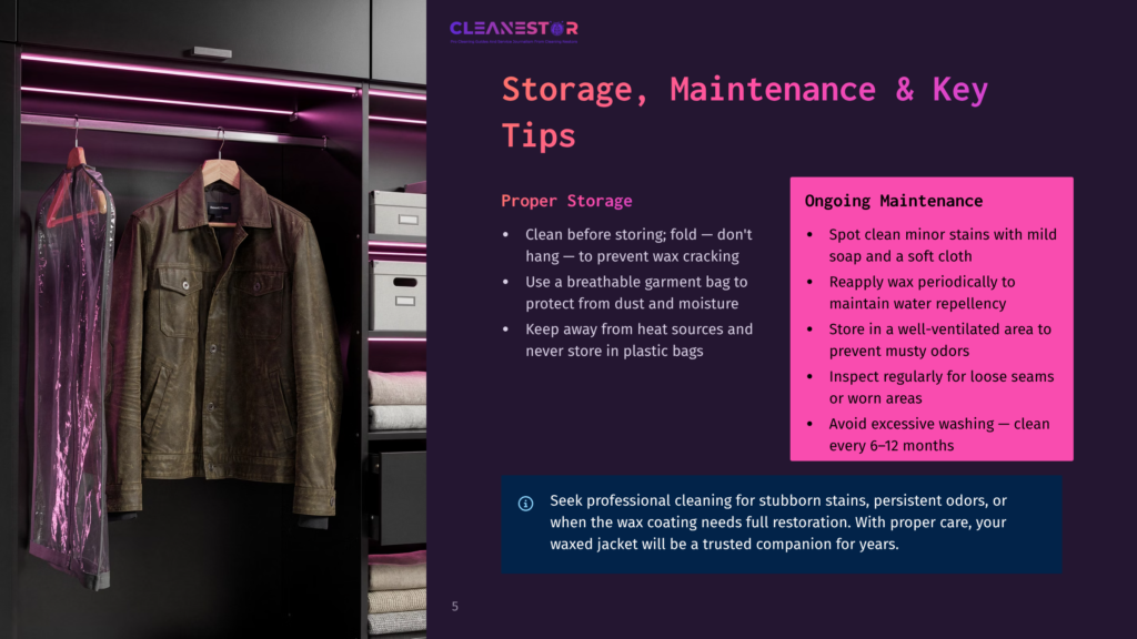 Cleanestor Storage, Maintenance &Amp; Key Tips: A Brown Leather Jacket Hangs In A Closet, With Storage Bins And Folded Clothes Visible In The Background. The Text Provides Advice On Proper Storage And Maintenance For Wax Coating.