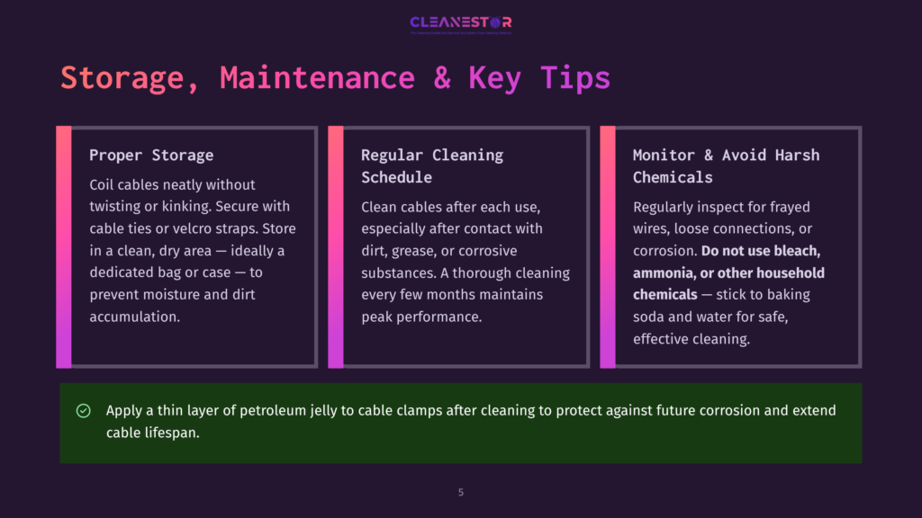 Presentation Slide Titled &Quot;Storage, Maintenance &Amp; Key Tips,&Quot; Detailing Proper Cable Storage, Regular Cleaning Schedules, And Avoiding Harsh Chemicals Like Bleach And Ammonia. Includes A Tip To Apply Petroleum Jelly To Cable Clamps.