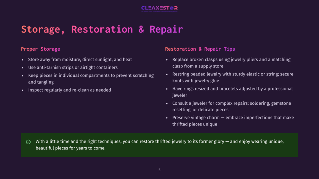 An Infographic With A Purple Background Displays Tips For Storing, Restoring, And Repairing Jewelry. It Includes Recommendations Like Using Anti-Tarnish Strips And Individual Compartments To Prevent Scratching And Tangling.