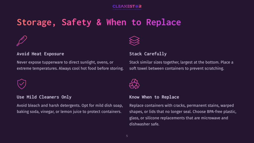 Storage, Safety &Amp; When To Replace: Icons Illustrate Avoiding Heat Exposure, Stacking Containers Carefully, Using Mild Cleaners, And Knowing When To Replace Bpa-Free Plastic, Glass, Or Silicone Replacements.