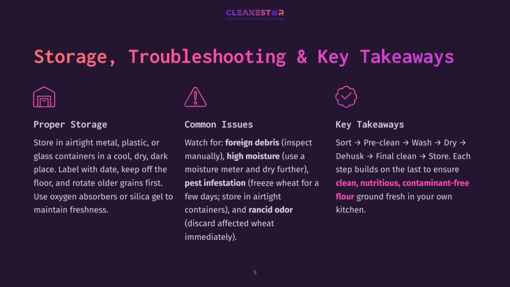 5 Storage Troubleshooting And Key Takeaways An Infographic About Wheat Storage Divided Into Three Sections: Proper Storage, Common Issues, And Key Takeaways. The Background Is Dark Purple With White Text And Icons. The Proper Storage Section Advises Using Airtight Containers In A Cool, Dry, Dark Place. Common Issues Include Foreign Debris, High Moisture, And Pest Infestation. Key Takeaways Highlight Steps Like Dehusking, Pre-Cleaning, And Storing In Airtight Containers.