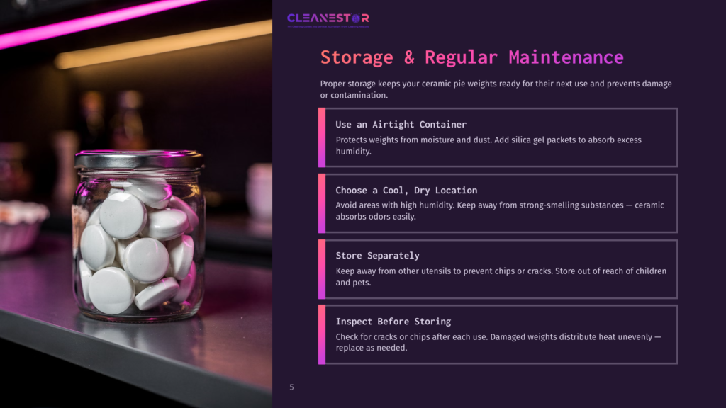 A Glass Jar Filled With White Ceramic Pie Weights Sits On A Shelf, With Purple Lighting In The Background. Text Overlay Reads &Quot;Cleanestor Storage &Amp; Regular Maintenance&Quot;.