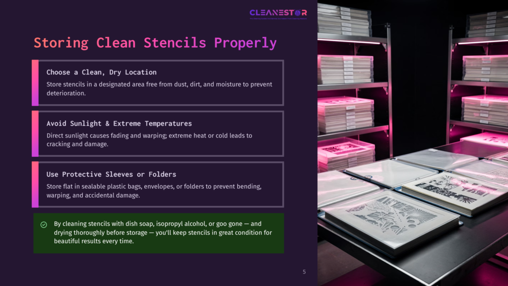 5 Storing Clean Stencils Properly Cleanstors Stencils Stored Neatly On Shelves In A Clean, Well-Lit Room, With Text Overlay On The Left Detailing Proper Stencil Storage.