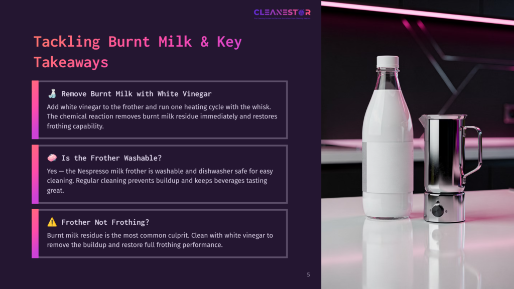 A Sleek White Milk Bottle And A Stainless Steel Frothing Pitcher Sit On A Dark, Reflective Surface. The Image Highlights Cleaning Tips For A Frother With Text Overlays: &Quot;Remove Burnt Milk With White Vinegar,&Quot; &Quot;Is The Frother Washable?,&Quot; And &Quot;Frother Not Frothing?&Quot;.