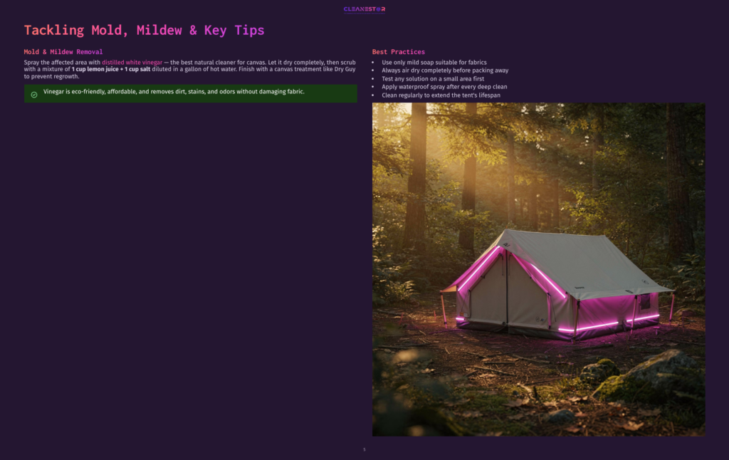 5 Tackling Mold Mildew And Key Tips A Pink-Lit Tent Glows In A Misty Forest At Sunset, With Sunbeams Filtering Through The Trees.