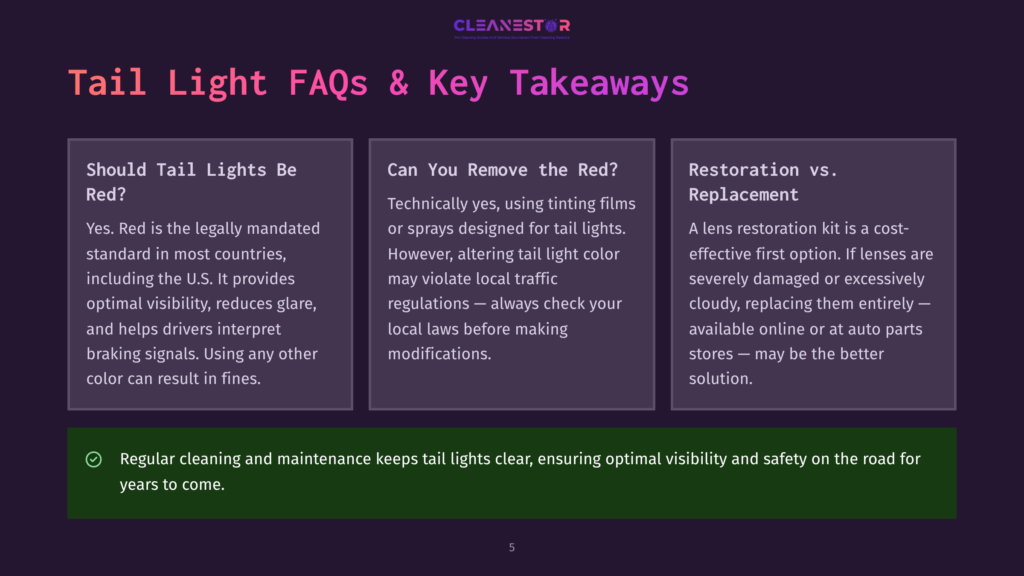 Infographic With Text: &Quot;Tail Light Faqs &Amp; Key Takeaways&Quot; By Cleanestor, Detailing Legal Requirements For Red Tail Lights, Tinting Options, And Restoration Vs. Replacement For Car Tail Lights.