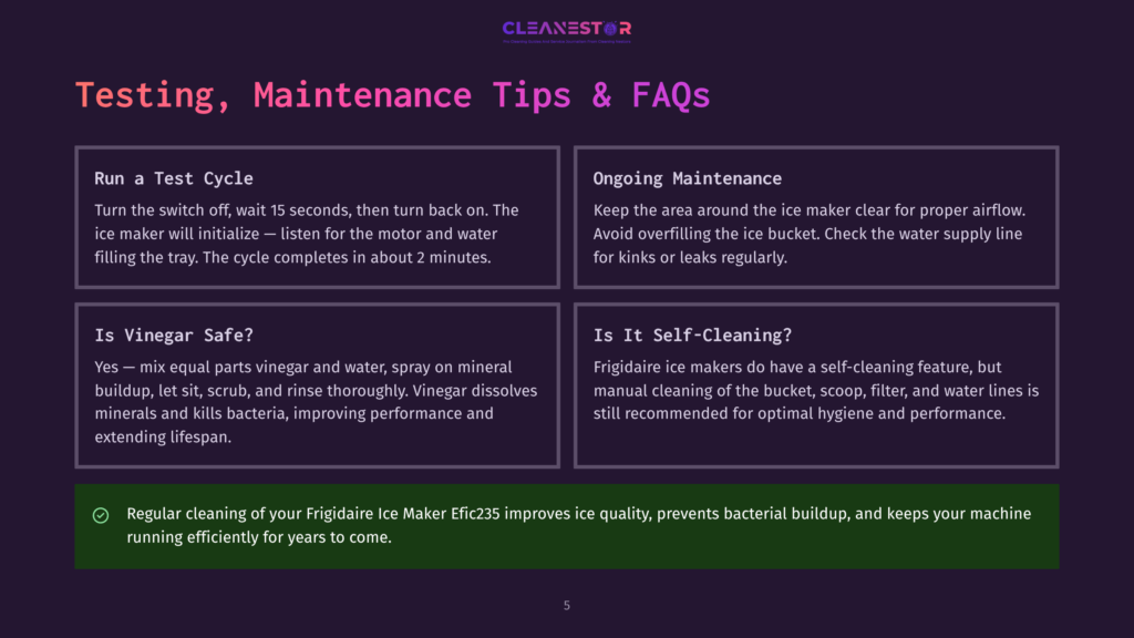 5 Testing Maintenance Tips And Faqs Cleanestor Ice Maker Maintenance Tips: Testing A Test Cycle, Ongoing Maintenance, Vinegar Safe Cleaning, And Self-Cleaning Features. Includes Text About Regular Cleaning For Optimal Performance.