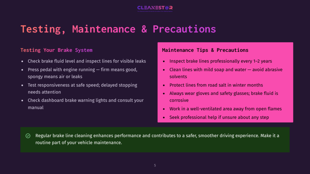 Cleanestor Logo And Text On A Dark Purple Background With A Pink And Green Overlay. The Text Details &Quot;Testing, Maintenance &Amp; Precautions&Quot; For Brake Fluid, Lines, And Dashboard Warning Lights, With Tips For Professional Inspection, Cleaning, And Road Salt Protection.