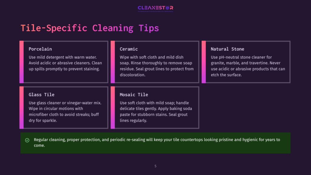 5 Tile Specific Cleaning Tips Tile-Specific Cleaning Tips: Porcelain, Ceramic, Natural Stone, Glass Tile, And Mosaic Tile Cleaning Instructions With A Green Checkmark Indicating Regular Cleaning, Proper Protection, And Periodic Re-Sealing. Text Details Cleaning Methods For Each Tile Type.