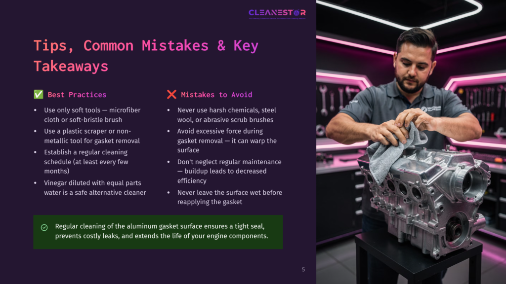 A Mechanic Carefully Cleans An Engine Block With A Gray Microfiber Cloth, With Tools And A Clean Car Engine In The Background. The Image Includes The Text &Quot;Cleanestor&Quot; And &Quot;Tips, Common Mistakes &Amp; Key Takeaways&Quot;.
