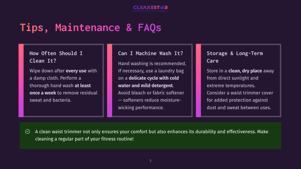5 Tips Maintenance And Faqs Infographic Titled &Quot;Tips, Maintenance &Amp; Faqs&Quot; Displaying Three Sections: How Often Should I Clean It, Can I Machine Wash It, And Storage &Amp; Long-Term Care. The Infographic Includes Text In Bold And Regular Fonts With A Blue And Purple Background. The First Section Suggests Wiping Down After Every Use And Performing A Hand Wash At Least Once A Week. The Second Section Recommends Hand Washing Or Using A Laundry Bag On A Delicate Cycle With Cold Water And Mild Detergent, Avoiding Bleach. The Third Section Advises Storing The Trimmer In A Clean, Dry Place Away From Direct Sunlight And Extreme Temperatures, With A Waist Trimmer Cover For Added Protection.
