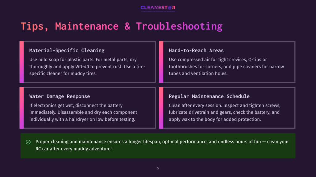 5 Tips Maintenance And Troubleshooting Graphic Displaying Tips For Rc Car Maintenance And Troubleshooting: Material-Specific Cleaning, Hard-To-Reach Areas, Water Damage Response, And Regular Maintenance Schedule. A Green Checkmark Highlights A Tip For Proper Cleaning And Maintenance.