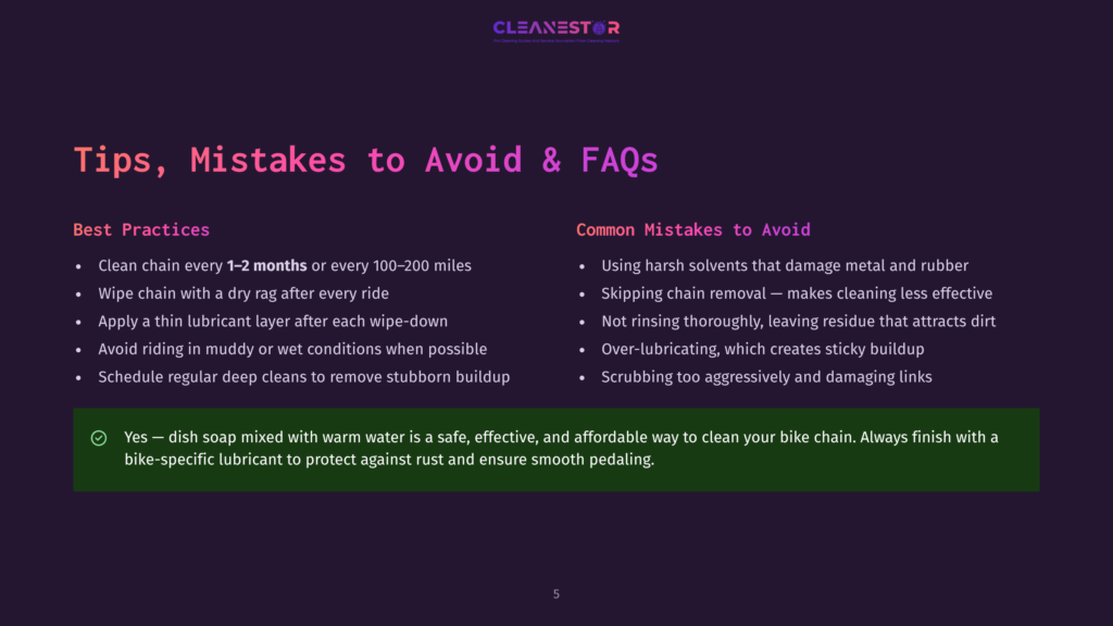 Tips, Mistakes To Avoid &Amp; Faqs About Cleaning And Lubricating A Bike Chain, Presented On A Dark Purple Background With White Text.