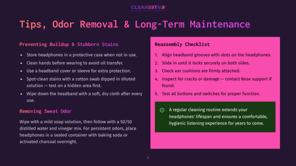5 Tips Odor Removal And Long Term Maintenance Tips, Odor Removal &Amp; Long-Term Maintenance For Headphones: Preventing Buildup, Removing Sweat Odors, And Reassembly Checklist With Steps Like Cleaning Ear Cushions And Checking For Damage.