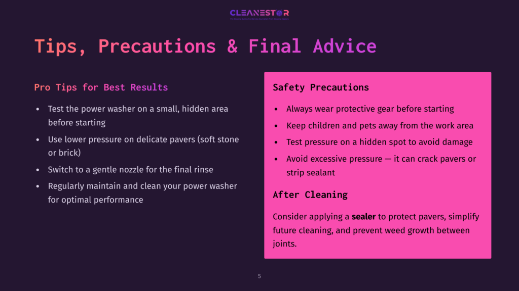 5 Tips Precautions And Final Advice Infographic Titled &Quot;Tips, Precautions &Amp; Final Advice&Quot; From Cleanestor, Detailing Power Washer Safety And Paver Sealing Advice With Pink And Purple Text On A Dark Background.