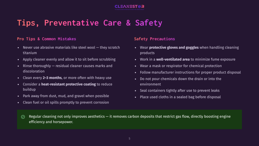 5 Tips Preventative Care And Safety Cleanestor Presentation Slide With &Quot;Tips, Preventative Care &Amp; Safety&Quot; Title. Lists Include &Quot;Pro Tips &Amp; Common Mistakes&Quot; And &Quot;Safety Precautions&Quot; With Bullet Points On Cleaning, Protective Gear, And Proper Disposal.