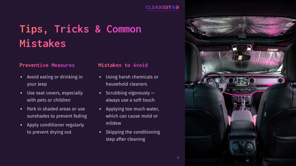 Interior Of A Car With A Pink Led Light Glow, Featuring A Sunshade On The Windshield And Text Tips For Car Care: &Quot;Tips, Tricks &Amp; Common Mistakes,&Quot; &Quot;Preventive Measures,&Quot; And &Quot;Mistakes To Avoid.