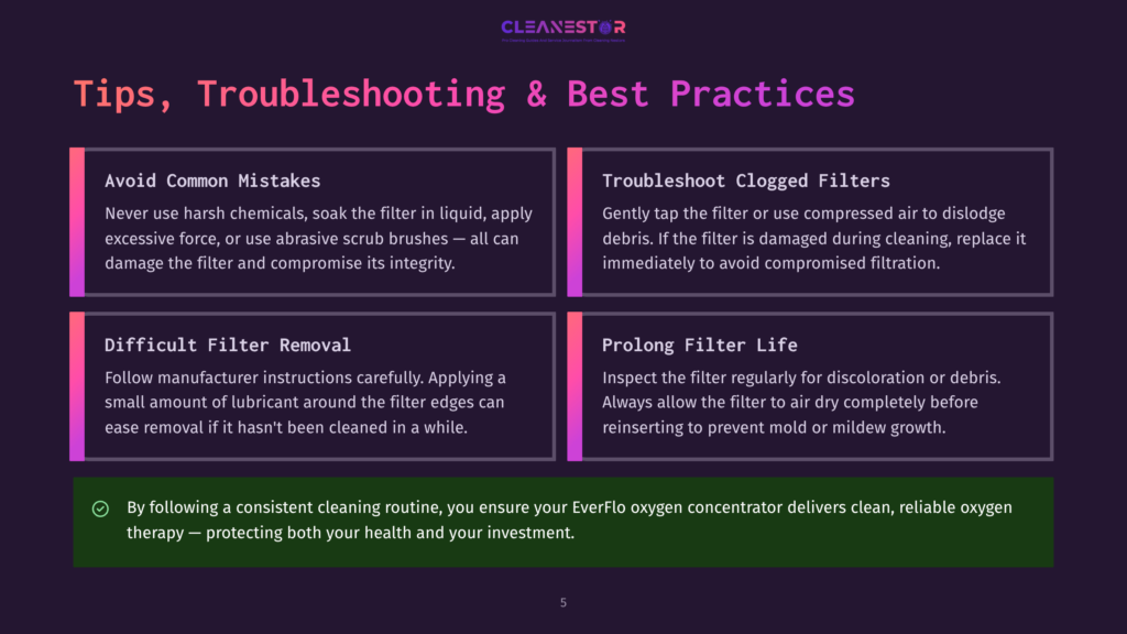 5 Tips Troubleshooting And Best Practices An Infographic Displays Tips And Best Practices For Everflo Oxygen Concentrator Maintenance, Including Avoiding Common Mistakes, Troubleshooting Clogged Filters, Prolonging Filter Life, And Ensuring Clean Oxygen Therapy.