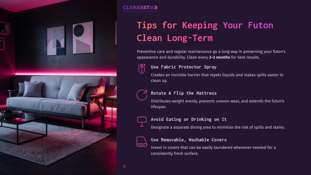 5 Tips For Keeping Your Futon Clean Long Term A Modern Living Room With A Grey Futon Sofa, A Patterned Rug, And Neon Pink Lighting. Text Overlay Reads: &Quot;Cleanestor&Quot; And &Quot;Tips For Keeping Your Futon Clean Long-Term.