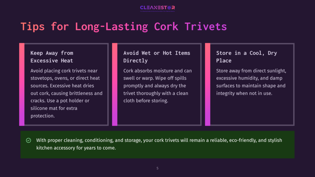 Infographic With Three Tips For Long-Lasting Cork Trivets: Avoid Excessive Heat, Avoid Wet Or Hot Items Directly, And Store In A Cool, Dry Place.