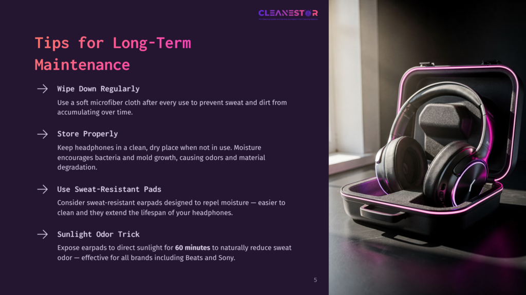 Headphones In A Black Case With Pink Led Lighting, Next To A List Of Headphone Maintenance Tips Like &Quot;Wipe Down Regularly&Quot; And &Quot;Store Properly&Quot;.