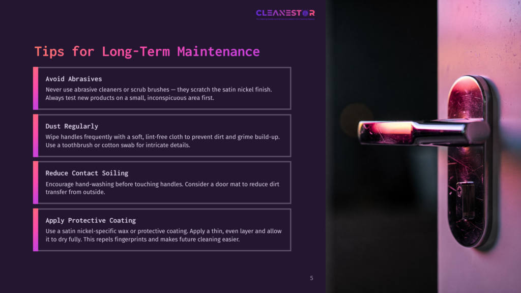 Close-Up Of A Shiny, Modern Door Handle On A Dark, Textured Surface, With Text Overlay Detailing Tips For Long-Term Maintenance And Cleaning, Including &Quot;Avoid Abrasives&Quot; And &Quot;Dust Regularly.