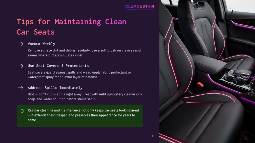 Interior Of A Modern Car With Luxurious Black Leather Seats Featuring Vibrant Pink Accent Lighting. Text Overlay Provides Tips For Maintaining Clean Car Seats.