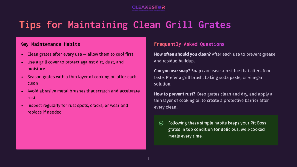 5 Tips For Maintaining Clean Grill Grates Cleanestor Graphic With Text: &Quot;Tips For Maintaining Clean Grill Grates&Quot;. Left Side Lists Key Maintenance Habits. Right Side Lists Frequently Asked Questions About Cleaning Grill Grates.