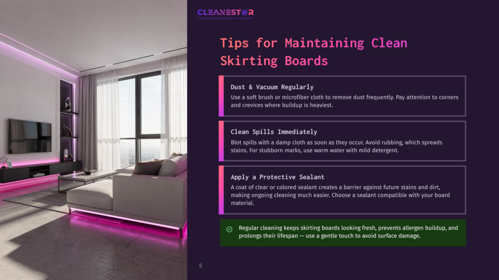 5 Tips For Maintaining Clean Skirting Boards Modern Living Room With A Sectional Sofa, Entertainment Center, And Floor-To-Ceiling Windows. Pink Led Strip Lights Illuminate The Skirting Boards And Ceiling, Showcasing The &Quot;Cleanestor Tips For Maintaining Clean Skirting Boards&Quot; Text.