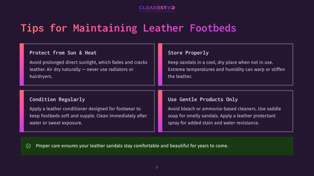 Tips For Maintaining Leather Footbeds: Protect From Sun &Amp; Heat, Store Properly, Condition Regularly, And Use Gentle Products Only. Proper Care Ensures Comfortable And Beautiful Leather Sandals.