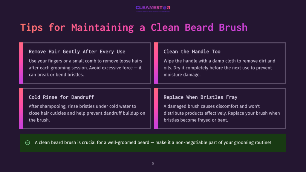 A Poster Provides Tips For Maintaining A Clean Beard Brush, Including Removing Hair Gently, Cleaning The Handle, And Replacing Frayed Bristles. The Poster'S Background Is Dark Purple With White Text And A Watermark.