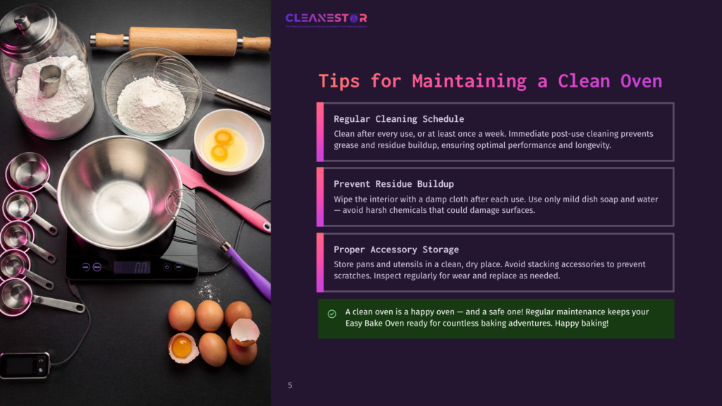 Overhead View Of Baking Ingredients And Tools On A Dark Surface, Including Flour, Eggs, Whisks, Measuring Cups, And A Bowl, With The Text &Quot;Cleanestor Tips For Maintaining A Clean Oven&Quot; Visible.