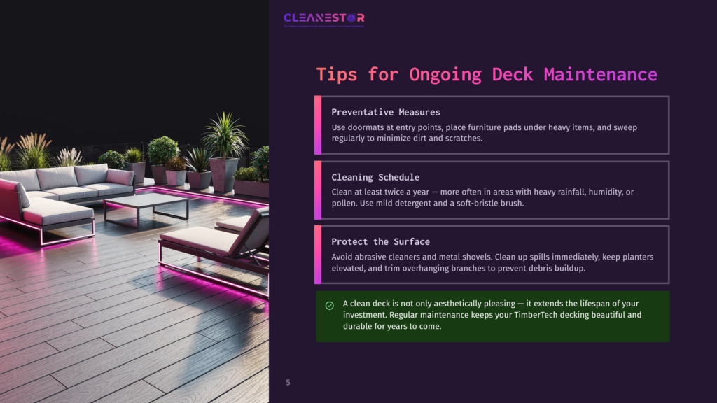 Cleanestor Logo With The Tagline &Quot;Your Deck Cleaning Solution For Beautiful, Low-Maintenance Outdoor Living.&Quot; Below, A Modern Outdoor Deck Lounge Area At Dusk With Plush White Sofas, Chairs, And Glowing Pink Led Lights.