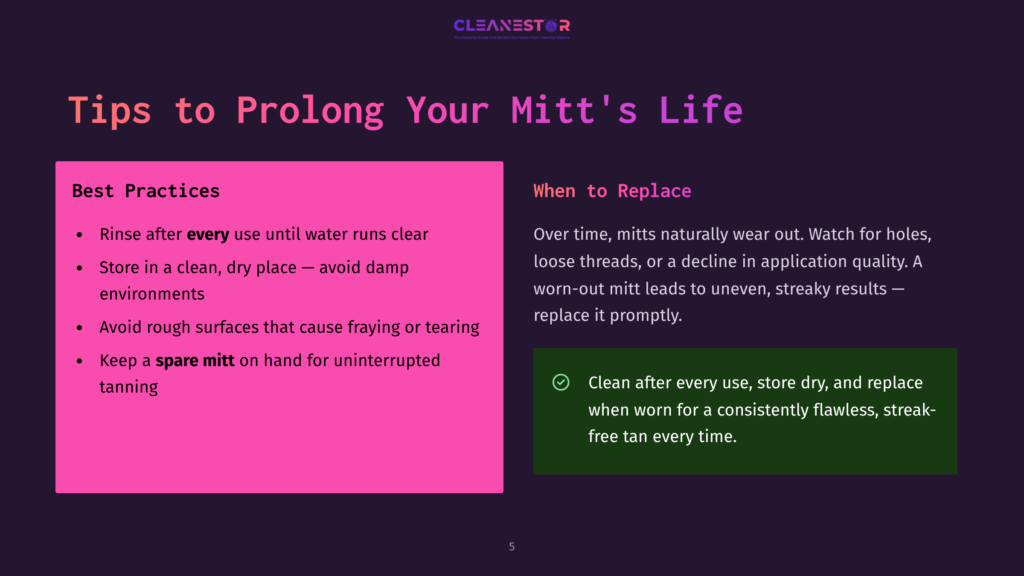 Presentation Slide Titled &Quot;Tips To Prolong Your Mitt'S Life&Quot; With Sections &Quot;Best Practices&Quot; And &Quot;When To Replace,&Quot; Offering Advice On Mitt Care And Replacement.