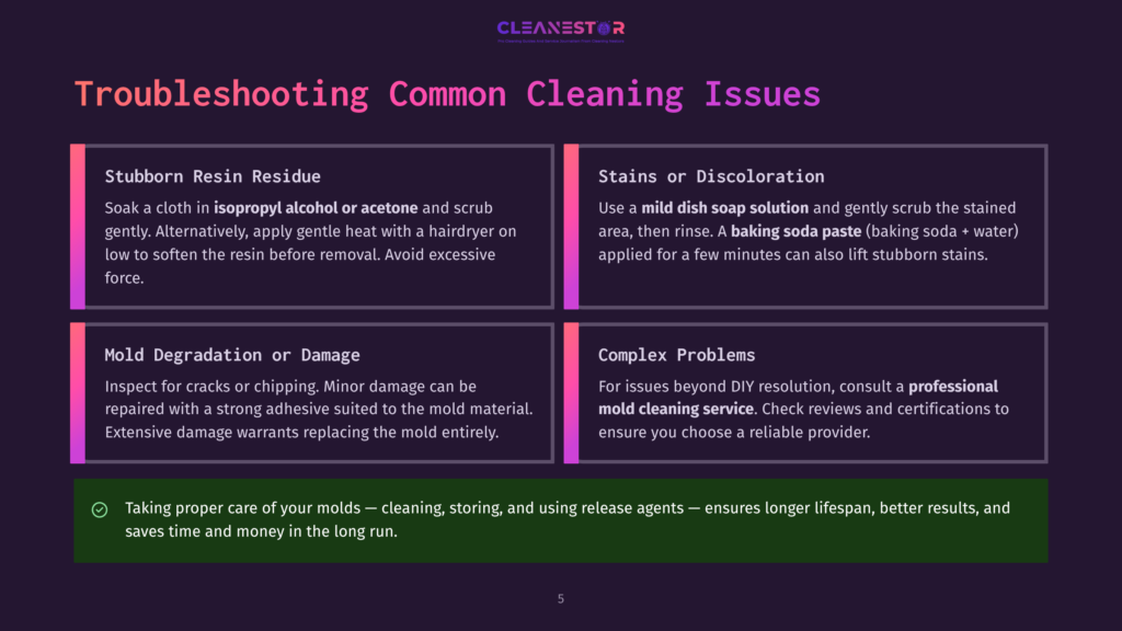 Troubleshooting Common Cleaning Issues: Stubborn Resin Residue, Stains Or Discoloration, Mold Degradation Or Damage, Complex Problems. Image Includes Tips For Cleaning And Maintenance.