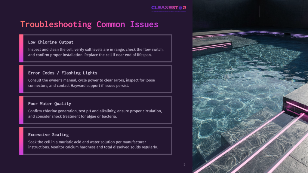 Troubleshooting Common Pool Issues: Low Chlorine, Error Codes, Poor Water Quality, And Excessive Scaling, Presented On A Dark Background With A Modern Pool Scene.