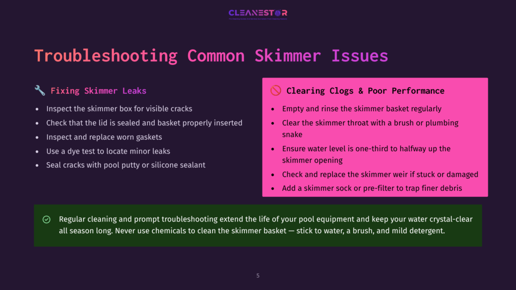 5 Troubleshooting Common Skimmer Issues Troubleshooting Common Skimmer Issues: Fixing Skimmer Leaks And Clearing Clogs For Poor Performance. Includes Tips Like Inspecting The Skimmer Box, Checking Seals, And Ensuring Proper Water Levels.